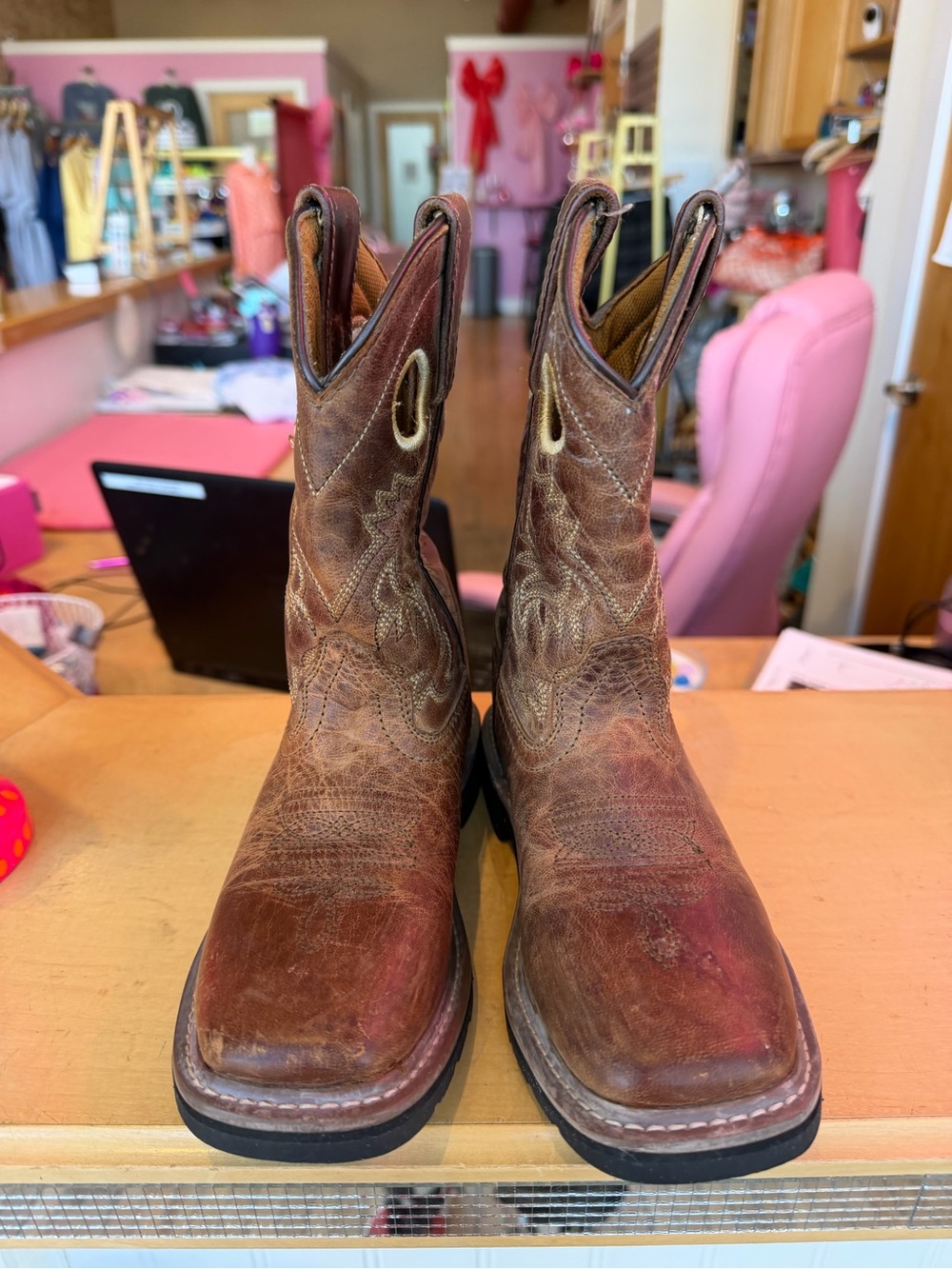 Kids Brown Leather Western Work Boots